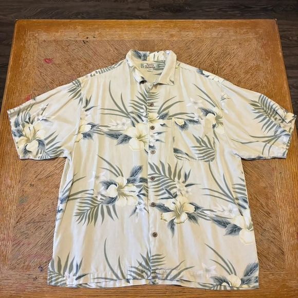 Vintage Tommy Bahama Shirt Mens Large Yellow Silk Hawaiian Vacation Button Up - Picture 1 of 5